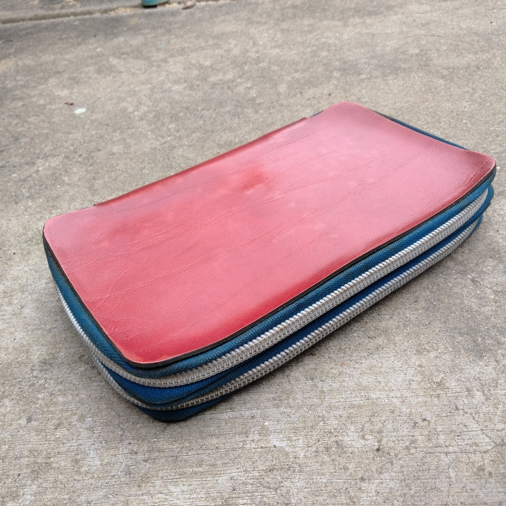 Vintage 80's Red Leather Double Zipper Pencil Case Pen Pouch Stationery Storage